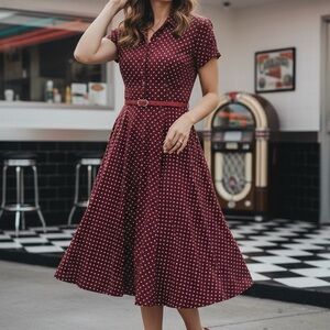 Hell Bunny Burgundy Polka Dot Swing Dress XL Retro Rockabilly Pin Up Flattering